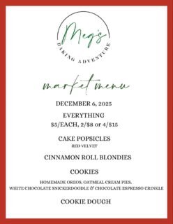 Come see me at the Anderson County Holiday Market from 10-2! I have a new TREAT! White Chocolate Snickerdoodle Cookies!!!! Can’t wait to see you!